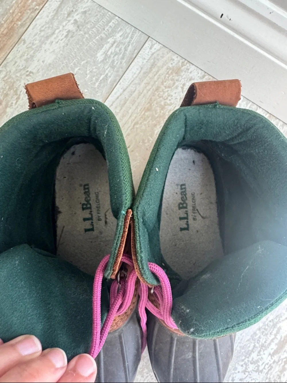 L.L. Bean Cushion Top Bean Boots  Brown leather with green canvas accents